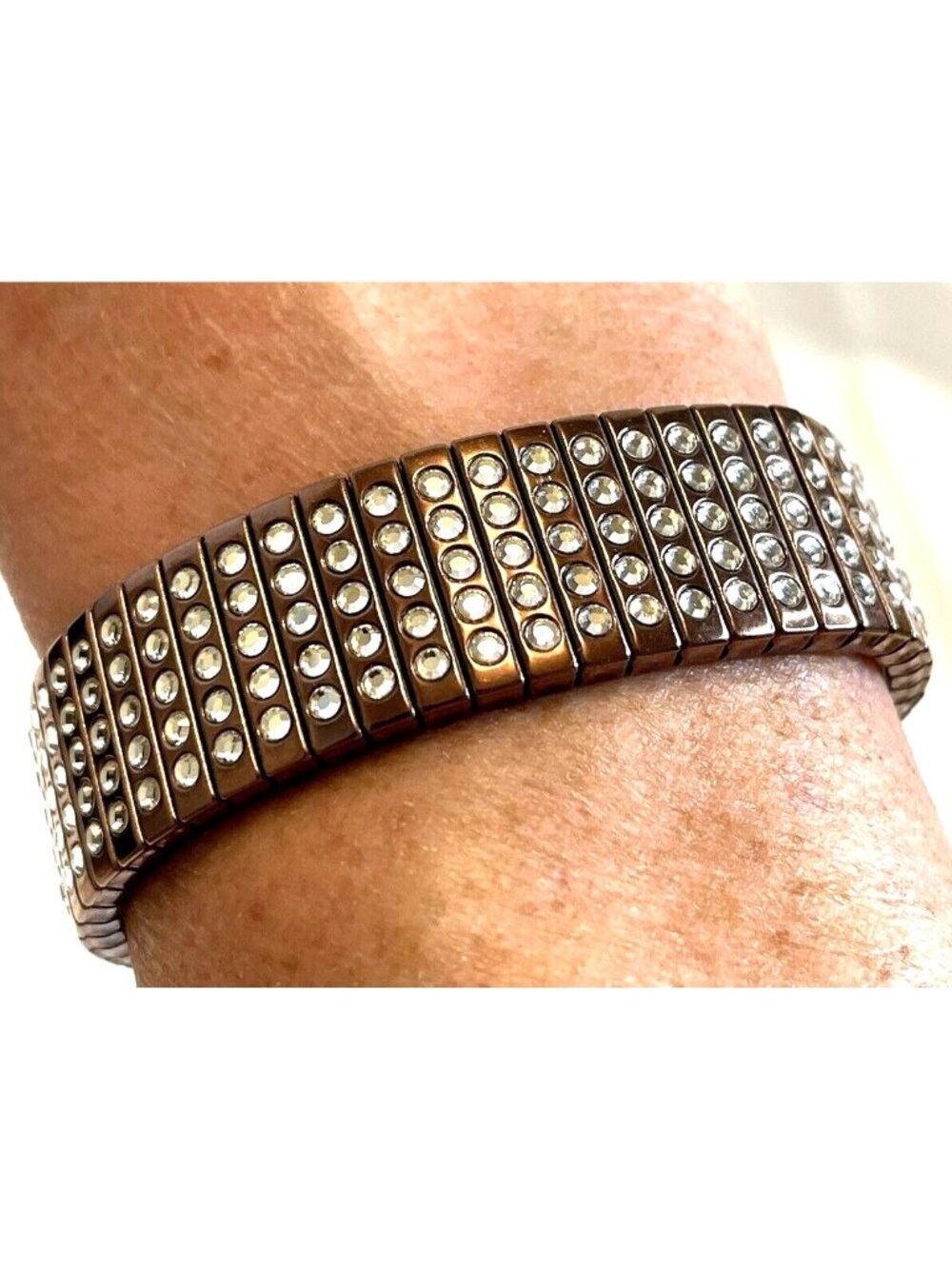 VTG Swarovski Crystal Signed 5 Row Rhinestone Copper Expansion Bracelet Gift Bag - Picture 16 of 16